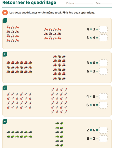 Aperçu de la fiche Multiplication en réseaux avec Véhicules pour CE2 (cours élémentaire 2)