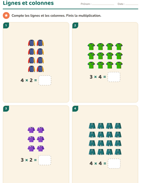 Aperçu de la fiche Multiplication en réseaux avec Vêtements pour CE1 (cours élémentaire 1)