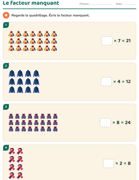 Aperçu de la fiche Multiplication en réseaux avec Vêtements pour CE2 (cours élémentaire 2)