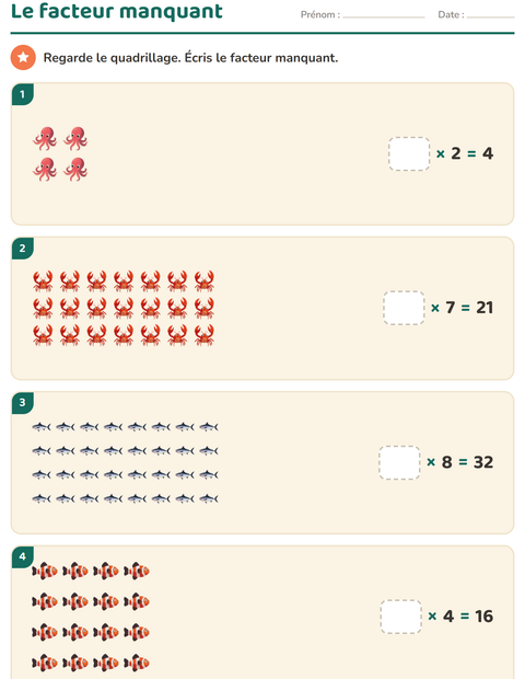 Aperçu de la fiche Multiplication en réseaux avec Vie océanique pour CE2 (cours élémentaire 2)