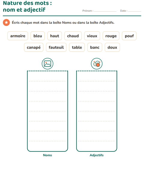 Aperçu de la fiche Nature des mots avec Meubles pour CP (cours préparatoire)