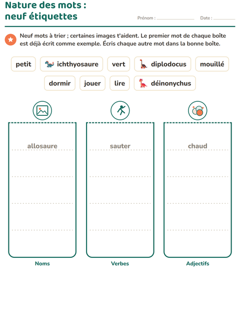 Aperçu de la fiche Nature des mots avec Dinosaures pour CE1 (cours élémentaire 1)