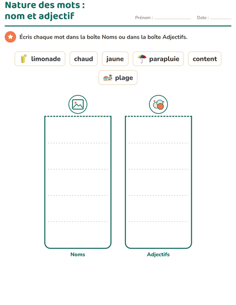 Aperçu de la fiche Nature des mots avec Été pour CP (cours préparatoire)