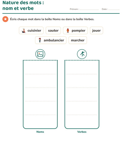 Aperçu de la fiche Nature des mots avec Métiers pour CP (cours préparatoire)