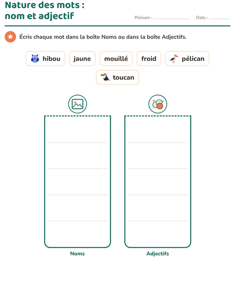 Aperçu de la fiche Nature des mots avec Oiseaux pour CP (cours préparatoire)