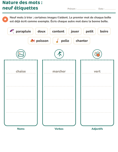 Aperçu de la fiche Nature des mots avec Plage pour CE1 (cours élémentaire 1)