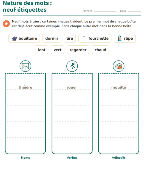 Aperçu de la fiche Nature des mots avec Ustensiles de cuisine pour CE1 (cours élémentaire 1)