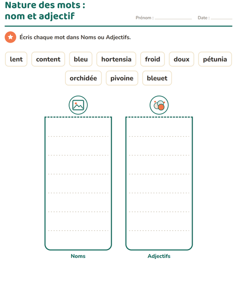 Aperçu de la fiche Nature des mots avec Fleurs pour CP (cours préparatoire)
