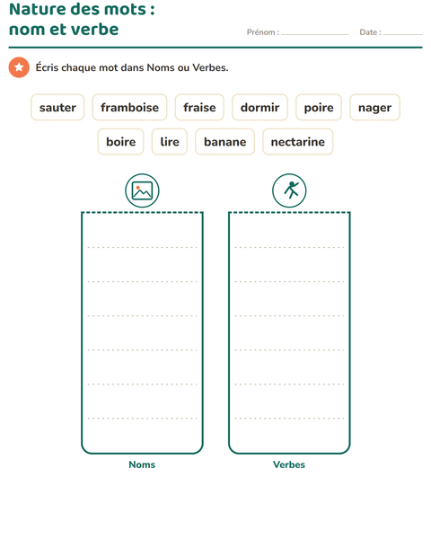 Aperçu de la fiche Nature des mots avec Fruits pour CP (cours préparatoire)