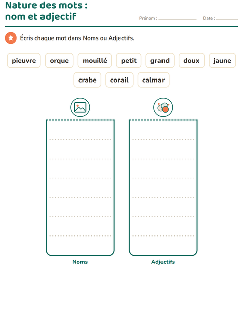 Aperçu de la fiche Nature des mots avec Vie océanique pour CP (cours préparatoire)