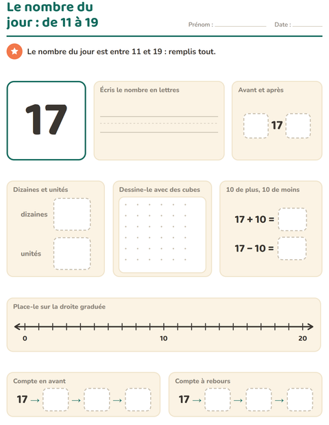 Aperçu de la fiche Le nombre du jour pour CP (cours préparatoire)