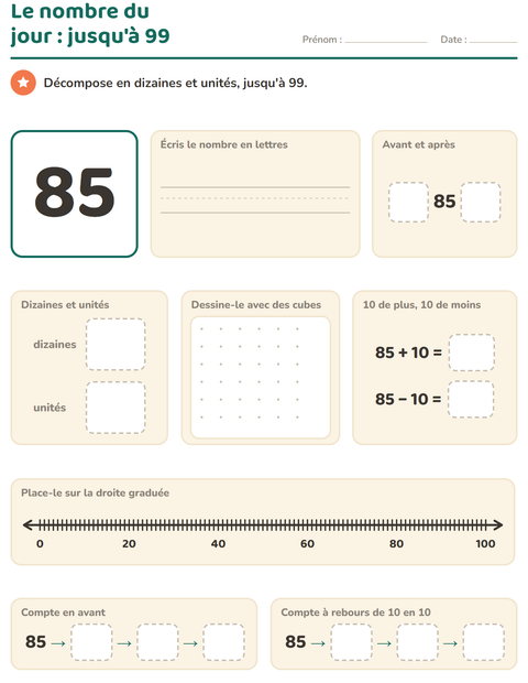 Aperçu de la fiche Le nombre du jour pour CP (cours préparatoire)