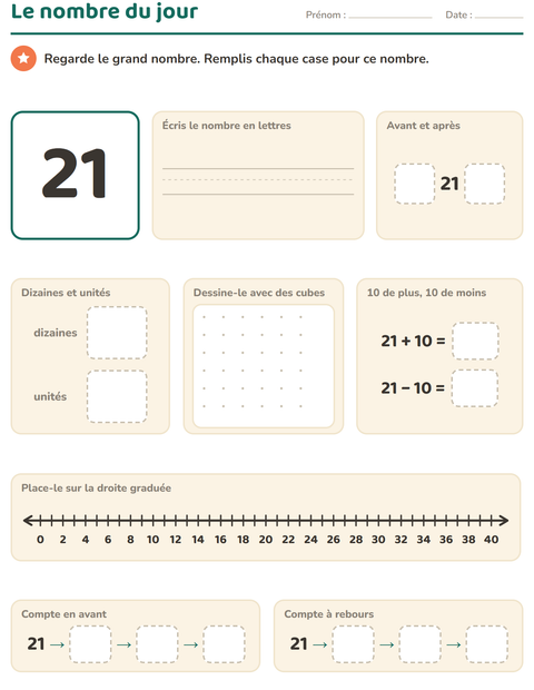 Aperçu de la fiche Le nombre du jour pour CP (cours préparatoire)
