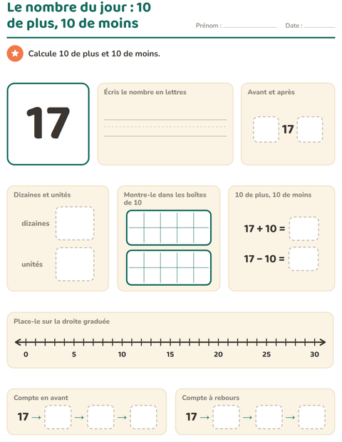 Aperçu de la fiche Le nombre du jour pour CP (cours préparatoire)
