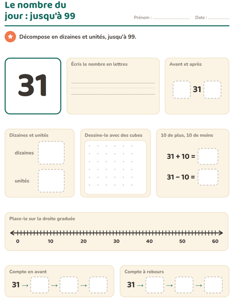 Aperçu de la fiche Le nombre du jour pour CP (cours préparatoire)