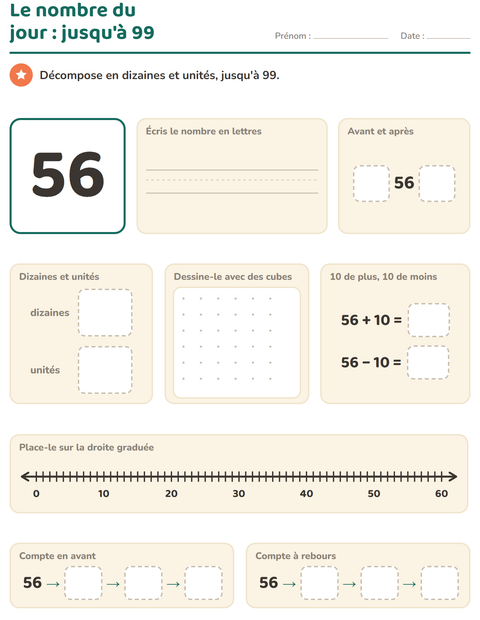 Aperçu de la fiche Le nombre du jour pour CP (cours préparatoire)