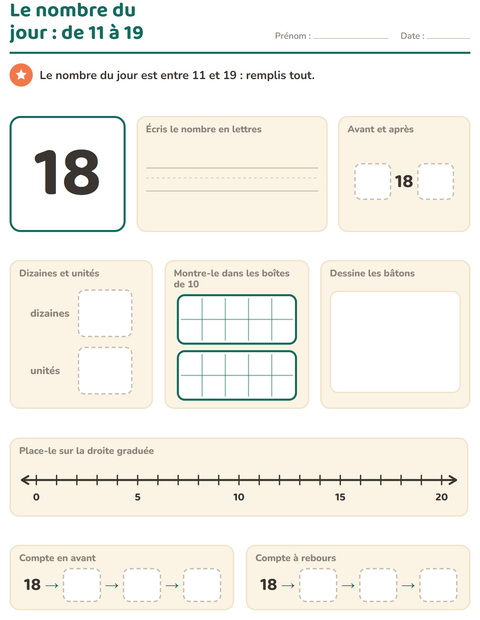 Aperçu de la fiche Le nombre du jour pour CP (cours préparatoire)