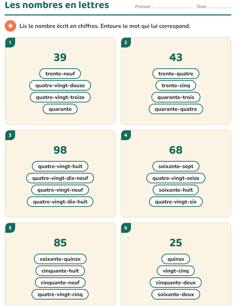 Aperçu de la fiche Nombres en lettres pour CP (cours préparatoire)