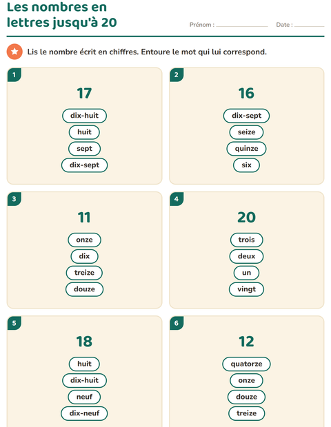 Aperçu de la fiche Nombres en lettres pour CP (cours préparatoire)