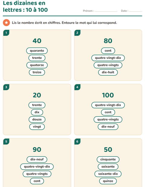 Aperçu de la fiche Nombres en lettres pour CP (cours préparatoire)