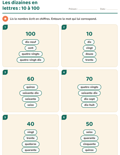 Aperçu de la fiche Nombres en lettres pour CP (cours préparatoire)
