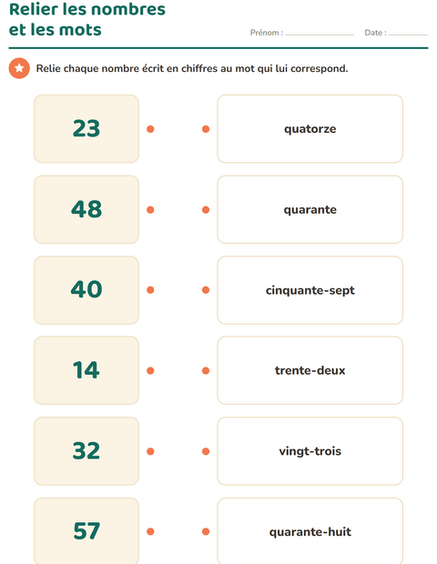 Aperçu de la fiche Nombres en lettres pour CP (cours préparatoire)