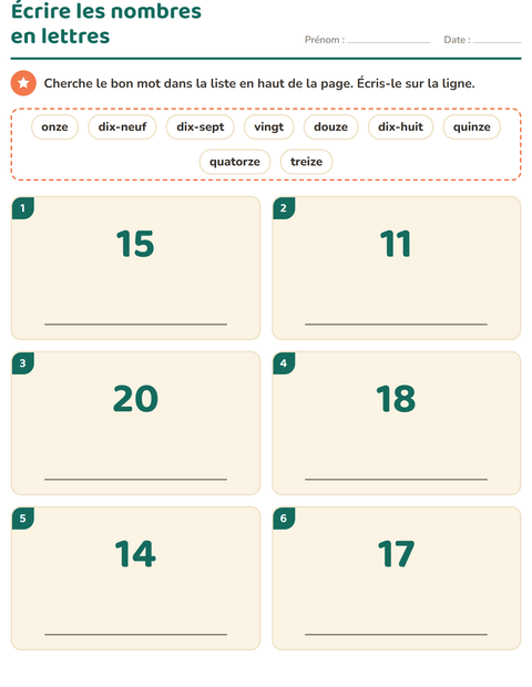 Aperçu de la fiche Nombres en lettres pour CP (cours préparatoire)