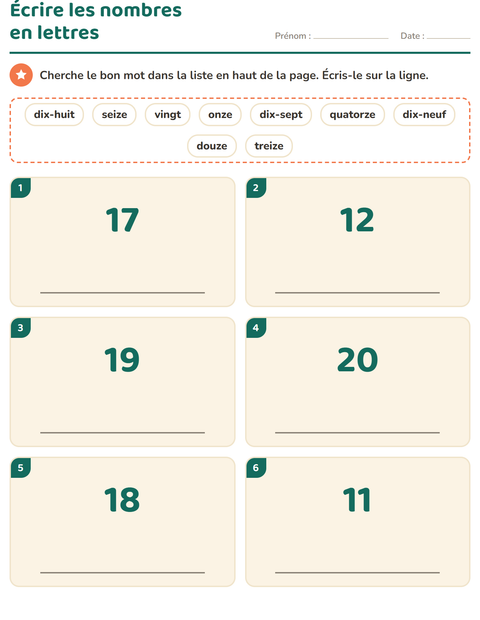 Aperçu de la fiche Nombres en lettres pour CP (cours préparatoire)