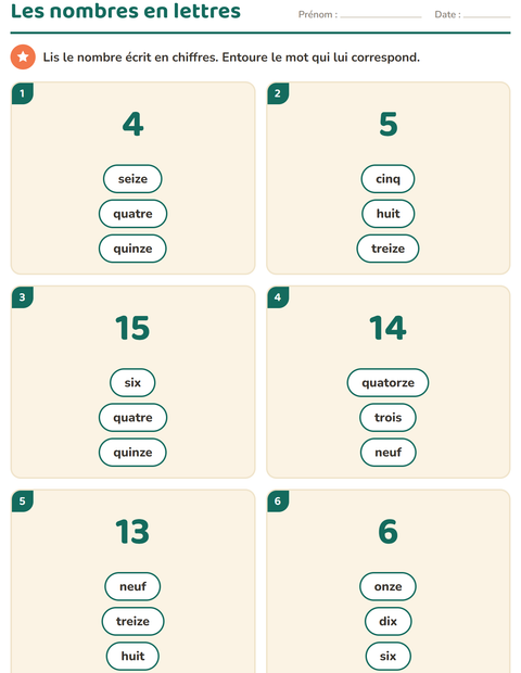 Aperçu de la fiche Nombres en lettres pour CP (cours préparatoire)
