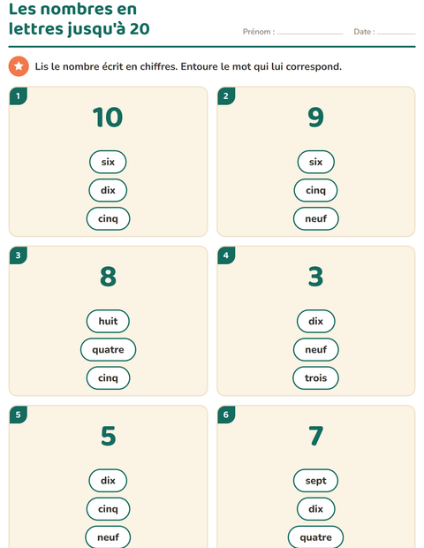 Aperçu de la fiche Nombres en lettres pour CP (cours préparatoire)