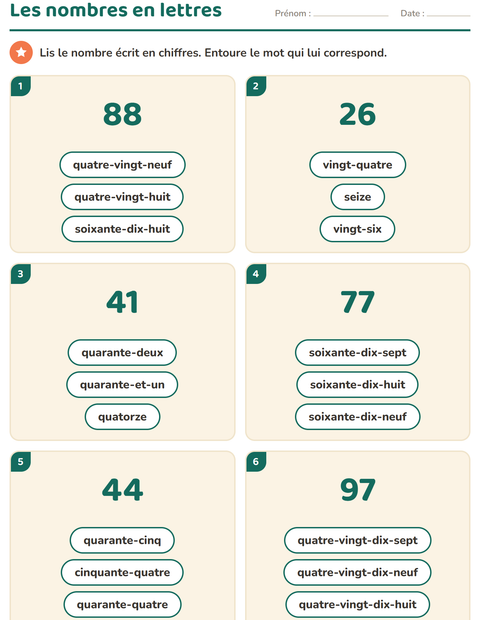 Aperçu de la fiche Nombres en lettres pour CP (cours préparatoire)