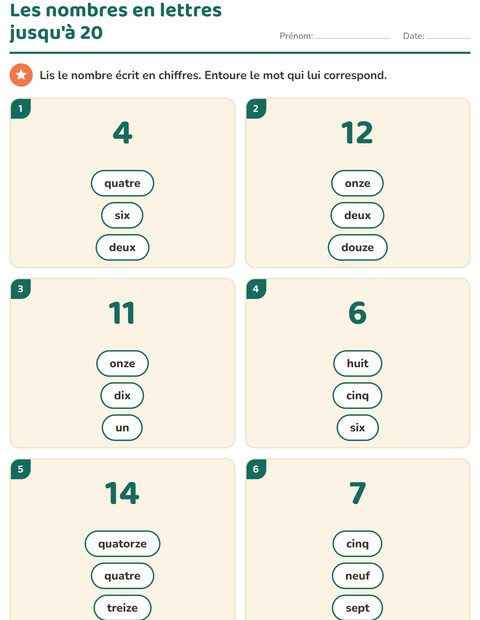 Les nombres en lettres jusqu'à 20