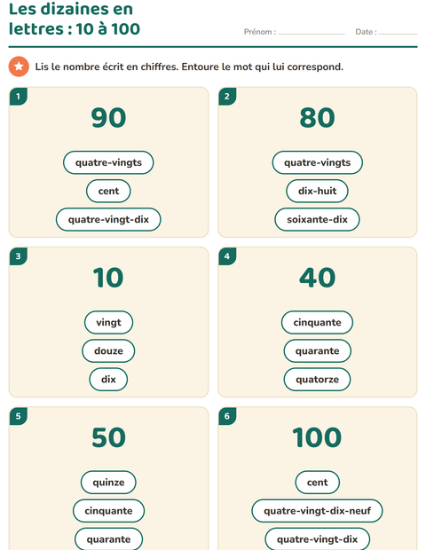 Aperçu de la fiche Nombres en lettres pour CP (cours préparatoire)