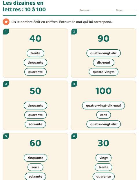 Aperçu de la fiche Nombres en lettres pour CP (cours préparatoire)