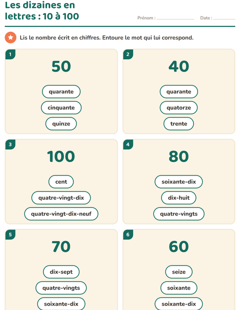 Aperçu de la fiche Nombres en lettres pour CP (cours préparatoire)