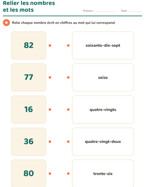 Aperçu de la fiche Nombres en lettres pour CP (cours préparatoire)