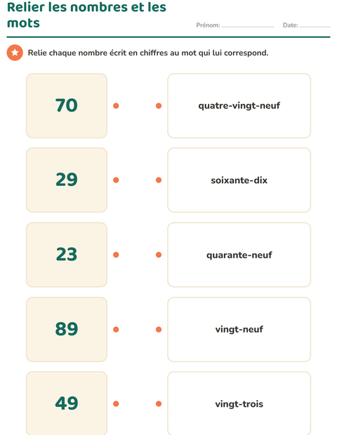 Relier les nombres écrits en chiffres et en lettres