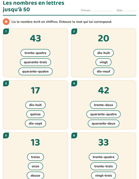 Les nombres en lettres jusqu'à 50
