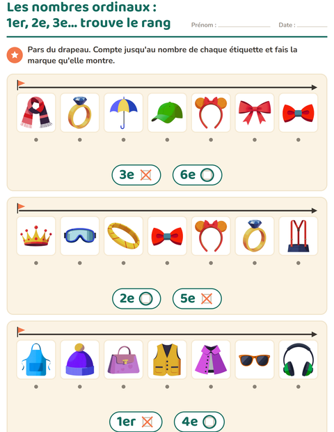 Aperçu de la fiche Les nombres ordinaux avec Accessoires pour École maternelle (grande section, 5-7 ans)