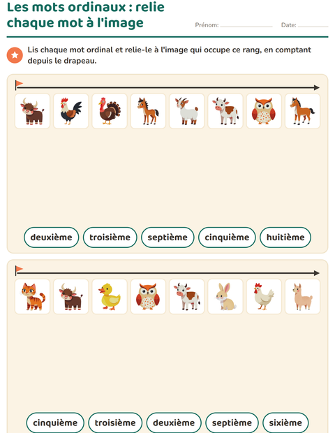 Aperçu de la fiche Les nombres ordinaux avec Animaux de la ferme pour CP (cours préparatoire)