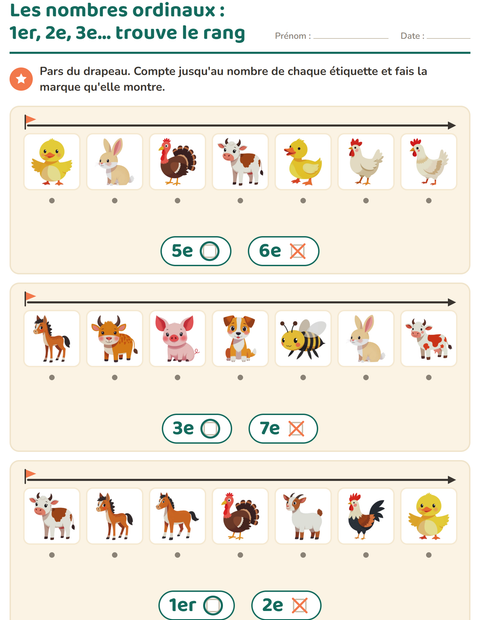 Aperçu de la fiche Les nombres ordinaux avec Animaux de la ferme pour École maternelle (grande section, 5-7 ans)