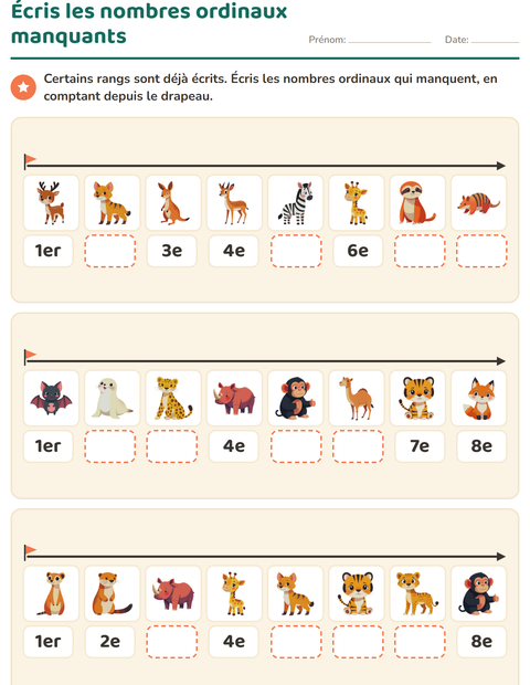 Écris les nombres ordinaux manquants