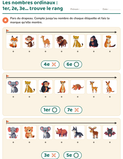 Aperçu de la fiche Les nombres ordinaux avec Animaux du zoo pour École maternelle (grande section, 5-7 ans)
