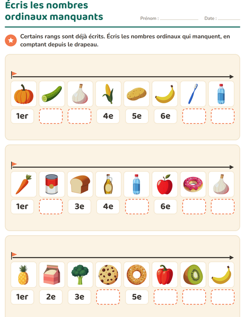 Aperçu de la fiche Les nombres ordinaux avec Au supermarché pour CP (cours préparatoire)
