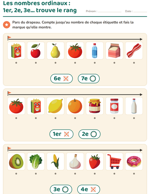Aperçu de la fiche Les nombres ordinaux avec Au supermarché pour École maternelle (grande section, 5-7 ans)
