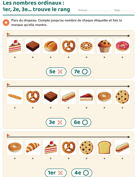 Aperçu de la fiche Les nombres ordinaux avec Boulangerie pour École maternelle (grande section, 5-7 ans)