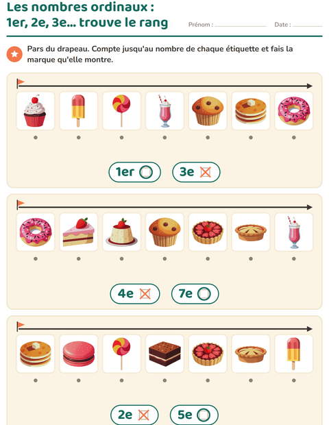 Aperçu de la fiche Les nombres ordinaux avec Desserts et sucreries pour École maternelle (grande section, 5-7 ans)