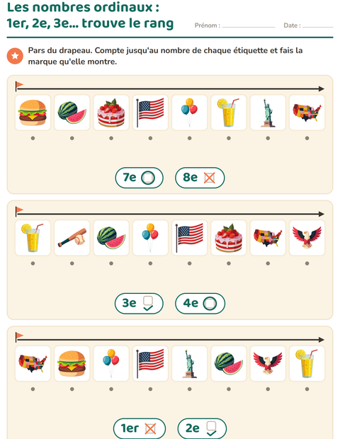 Aperçu de la fiche Les nombres ordinaux avec 4 juillet pour École maternelle (grande section, 5-7 ans)