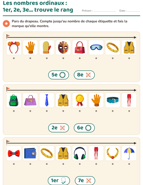 Aperçu de la fiche Les nombres ordinaux avec Accessoires pour École maternelle (grande section, 5-7 ans)