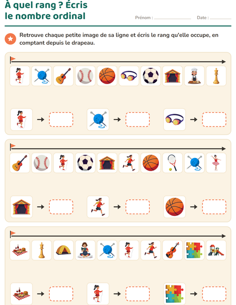 Aperçu de la fiche Les nombres ordinaux avec Activités pour CP (cours préparatoire)